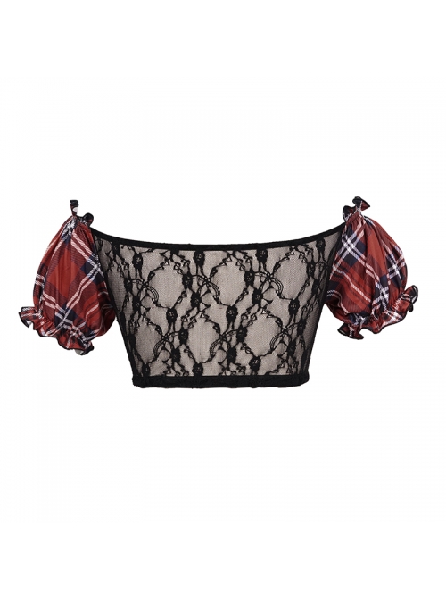 Scottish Red Plaid Chest Lace-Up Back Translucent Lace Red Punk Swimsuit Blouse