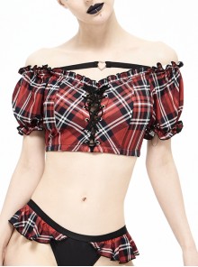 Scottish Red Plaid Chest Lace-Up Back Translucent Lace Red Punk Swimsuit Blouse