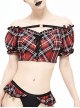 Scottish Red Plaid Chest Lace-Up Back Translucent Lace Red Punk Swimsuit Blouse