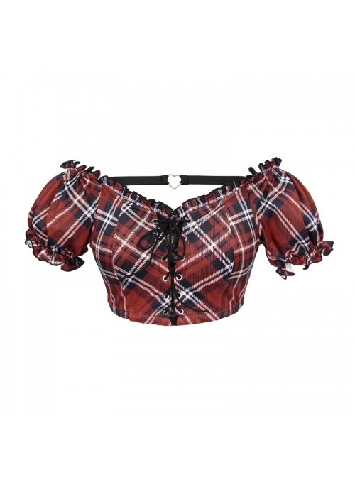 Scottish Red Plaid Chest Lace-Up Back Translucent Lace Red Punk Swimsuit Blouse