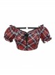 Scottish Red Plaid Chest Lace-Up Back Translucent Lace Red Punk Swimsuit Blouse
