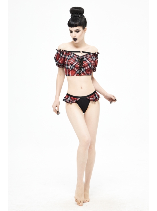 Scottish Red Plaid Chest Lace-Up Back Translucent Lace Red Punk Swimsuit Blouse