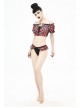 Scottish Red Plaid Chest Lace-Up Back Translucent Lace Red Punk Swimsuit Blouse