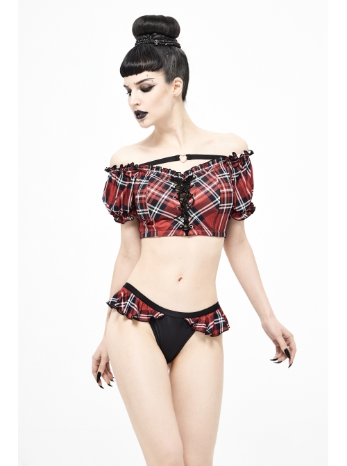 Scottish Red Plaid Chest Lace-Up Back Translucent Lace Red Punk Swimsuit Blouse