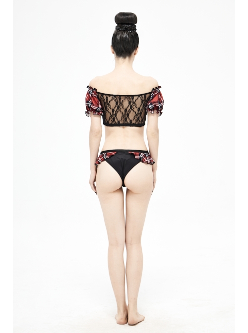 Scottish Red Plaid Chest Lace-Up Back Translucent Lace Red Punk Swimsuit Blouse