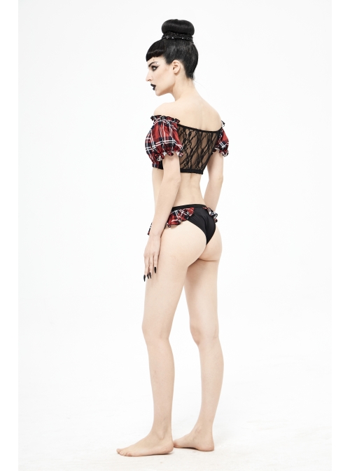 Scottish Red Plaid Chest Lace-Up Back Translucent Lace Red Punk Swimsuit Blouse