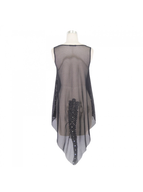Dragon Head Print Dragon Tail Lace Rivet Hem Side Chain Black Punk Vest
