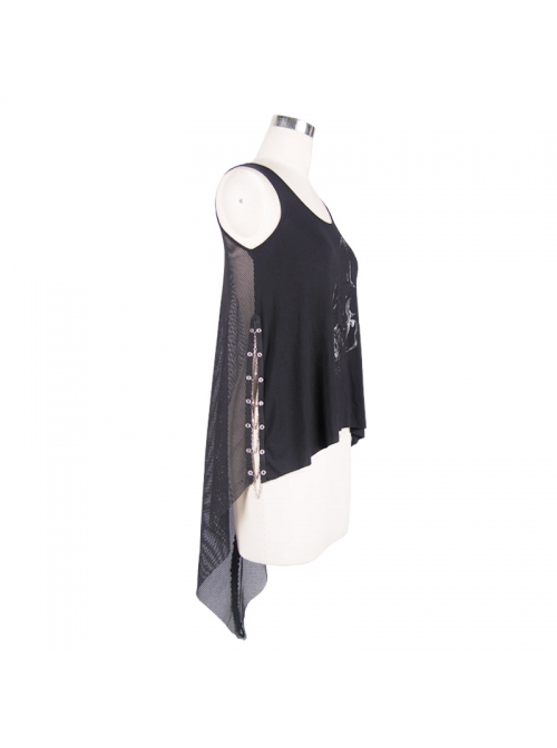 Dragon Head Print Dragon Tail Lace Rivet Hem Side Chain Black Punk Vest