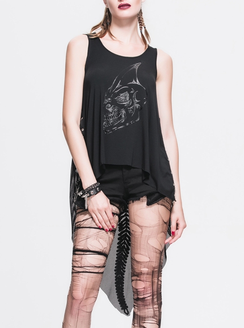 Dragon Head Print Dragon Tail Lace Rivet Hem Side Chain Black Punk Vest