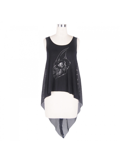 Dragon Head Print Dragon Tail Lace Rivet Hem Side Chain Black Punk Vest