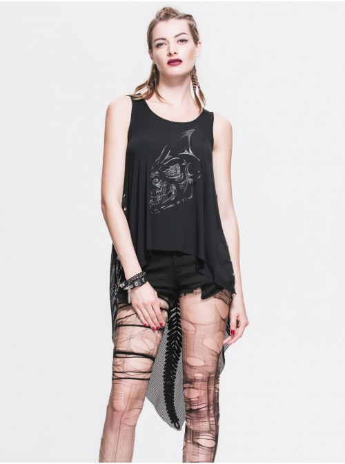 Dragon Head Print Dragon Tail Lace Rivet Hem Side Chain Black Punk Vest