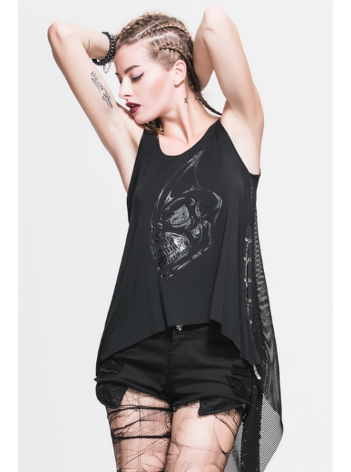 Dragon Head Print Dragon Tail Lace Rivet Hem Side Chain Black Punk Vest