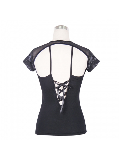 Mesh Small Short-Sleeve Shawl Camisole Fake Two Pieces Back Lace-Up Black Punk T-Shirt