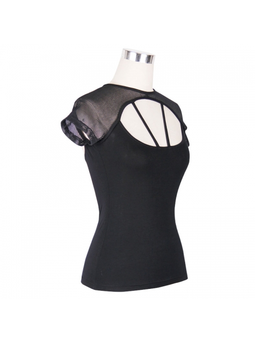 Mesh Small Short-Sleeve Shawl Camisole Fake Two Pieces Back Lace-Up Black Punk T-Shirt