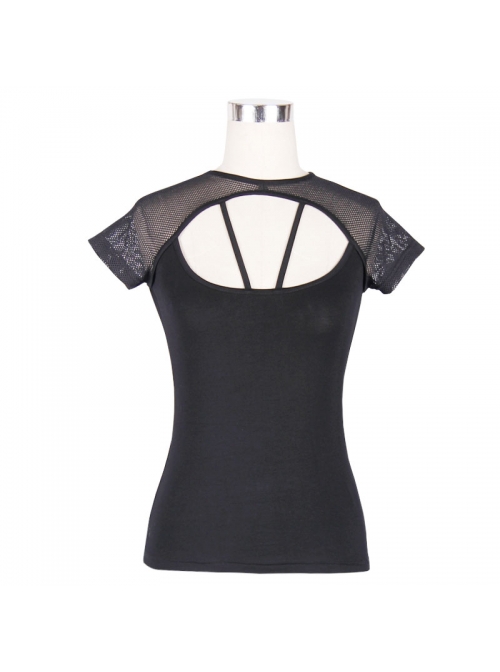 Mesh Small Short-Sleeve Shawl Camisole Fake Two Pieces Back Lace-Up Black Punk T-Shirt