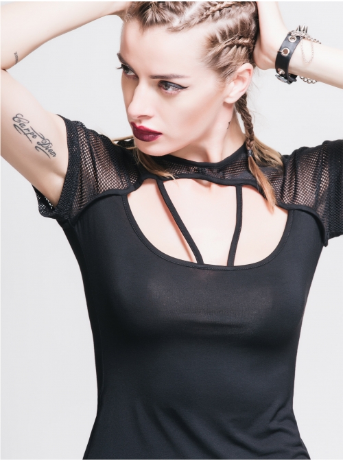 Mesh Small Short-Sleeve Shawl Camisole Fake Two Pieces Back Lace-Up Black Punk T-Shirt