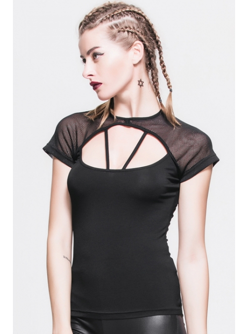 Mesh Small Short-Sleeve Shawl Camisole Fake Two Pieces Back Lace-Up Black Punk T-Shirt