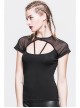 Mesh Small Short-Sleeve Shawl Camisole Fake Two Pieces Back Lace-Up Black Punk T-Shirt