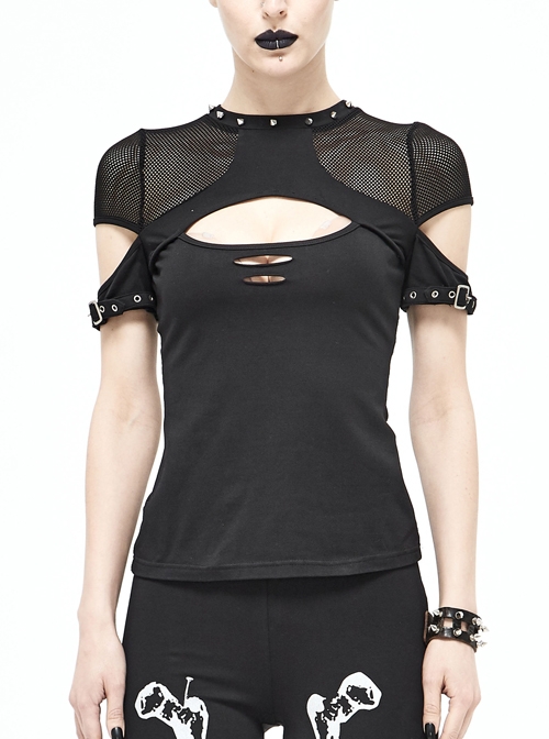 Mesh Shoulder Hand Stitched Nail Collar Loop Cuff Chest Hollow Black Punk T-Shirts