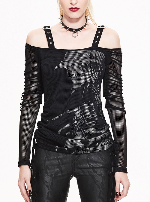 Skull Printed Knitted Stripes Mesh Sleeves Side Lace-Up Hem Black Punk Sling T-Shirt