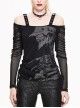 Skull Printed Knitted Stripes Mesh Sleeves Side Lace-Up Hem Black Punk Sling T-Shirt