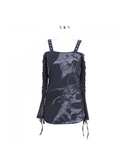 Skull Printed Knitted Stripes Mesh Sleeves Side Lace-Up Hem Black Punk Sling T-Shirt