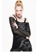 Skull Printed Knitted Stripes Mesh Sleeves Side Lace-Up Hem Black Punk Sling T-Shirt