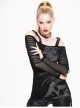 Skull Printed Knitted Stripes Mesh Sleeves Side Lace-Up Hem Black Punk Sling T-Shirt