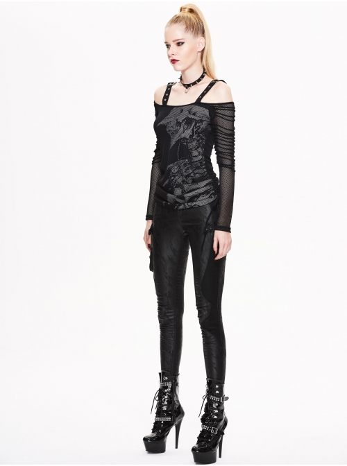 Skull Printed Knitted Stripes Mesh Sleeves Side Lace-Up Hem Black Punk Sling T-Shirt