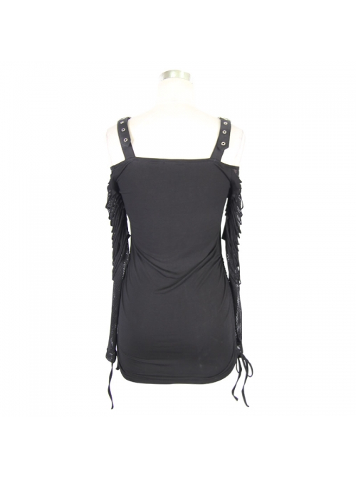 Skull Printed Knitted Stripes Mesh Sleeves Side Lace-Up Hem Black Punk Sling T-Shirt