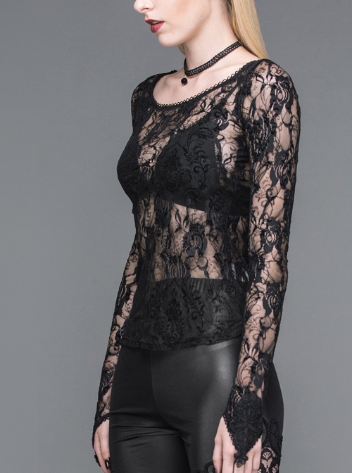 Finger Covered Rose Net Lace Big Round Collar Long Sleeve Black Gothic T-Shirt