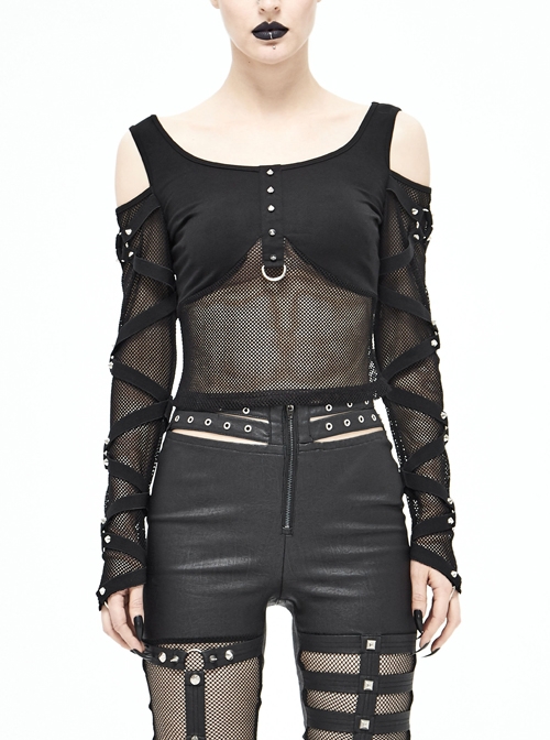 Off-Shoulder Woven Belts Rivet Mesh Sleeve Chest Loop D-Buckle Black Punk T-Shirt