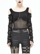 Off-Shoulder Woven Belts Rivet Mesh Sleeve Chest Loop D-Buckle Black Punk T-Shirt