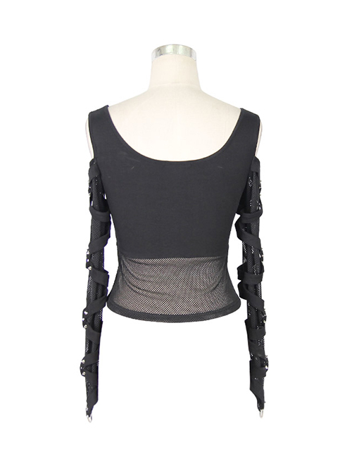 Off-Shoulder Woven Belts Rivet Mesh Sleeve Chest Loop D-Buckle Black Punk T-Shirt