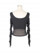 Off-Shoulder Woven Belts Rivet Mesh Sleeve Chest Loop D-Buckle Black Punk T-Shirt