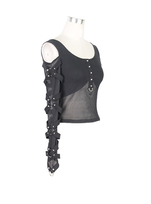 Off-Shoulder Woven Belts Rivet Mesh Sleeve Chest Loop D-Buckle Black Punk T-Shirt