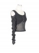 Off-Shoulder Woven Belts Rivet Mesh Sleeve Chest Loop D-Buckle Black Punk T-Shirt