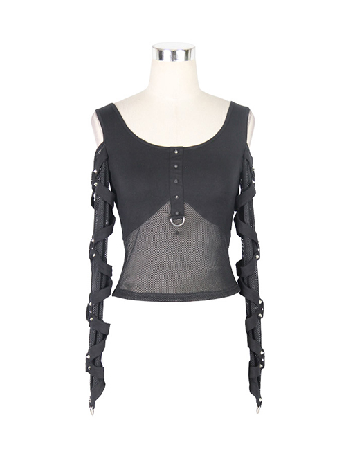 Off-Shoulder Woven Belts Rivet Mesh Sleeve Chest Loop D-Buckle Black Punk T-Shirt
