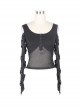 Off-Shoulder Woven Belts Rivet Mesh Sleeve Chest Loop D-Buckle Black Punk T-Shirt