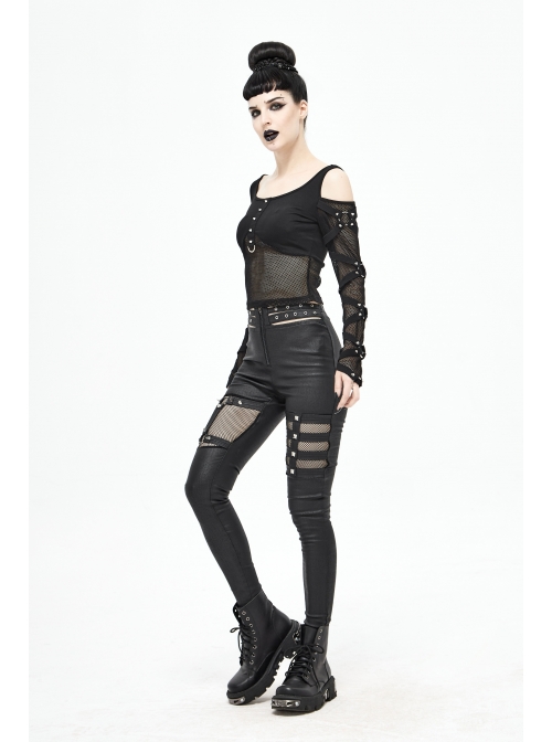 Off-Shoulder Woven Belts Rivet Mesh Sleeve Chest Loop D-Buckle Black Punk T-Shirt