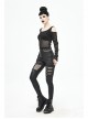 Off-Shoulder Woven Belts Rivet Mesh Sleeve Chest Loop D-Buckle Black Punk T-Shirt