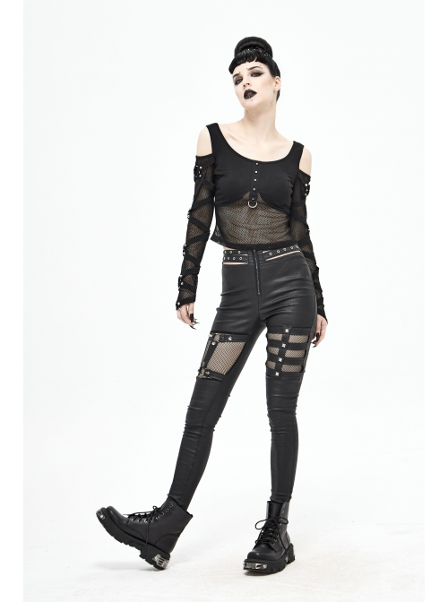 Off-Shoulder Woven Belts Rivet Mesh Sleeve Chest Loop D-Buckle Black Punk T-Shirt