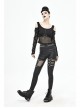 Off-Shoulder Woven Belts Rivet Mesh Sleeve Chest Loop D-Buckle Black Punk T-Shirt