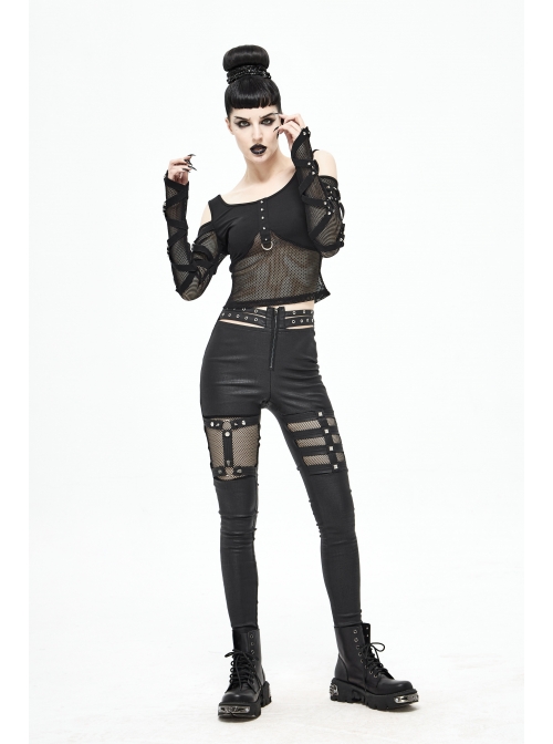 Off-Shoulder Woven Belts Rivet Mesh Sleeve Chest Loop D-Buckle Black Punk T-Shirt