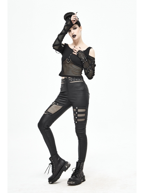 Off-Shoulder Woven Belts Rivet Mesh Sleeve Chest Loop D-Buckle Black Punk T-Shirt