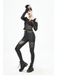 Off-Shoulder Woven Belts Rivet Mesh Sleeve Chest Loop D-Buckle Black Punk T-Shirt