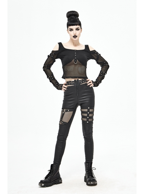 Off-Shoulder Woven Belts Rivet Mesh Sleeve Chest Loop D-Buckle Black Punk T-Shirt