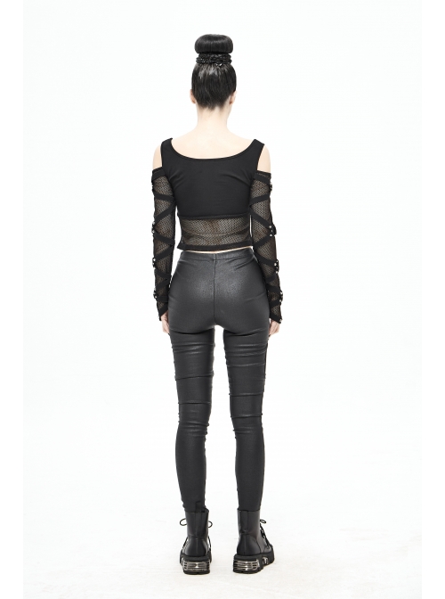 Off-Shoulder Woven Belts Rivet Mesh Sleeve Chest Loop D-Buckle Black Punk T-Shirt