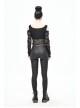 Off-Shoulder Woven Belts Rivet Mesh Sleeve Chest Loop D-Buckle Black Punk T-Shirt