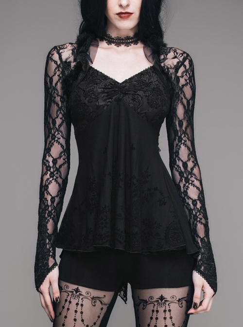 Small Shawl Shape Shoulders Bead Chain Lace Mesh Back High Waist Black Gothic T-Shirt